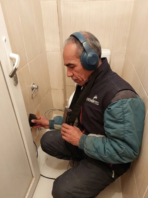 Demir Tesisat ustası Kağıthane için akustik su kaçağı tespiti yaparken